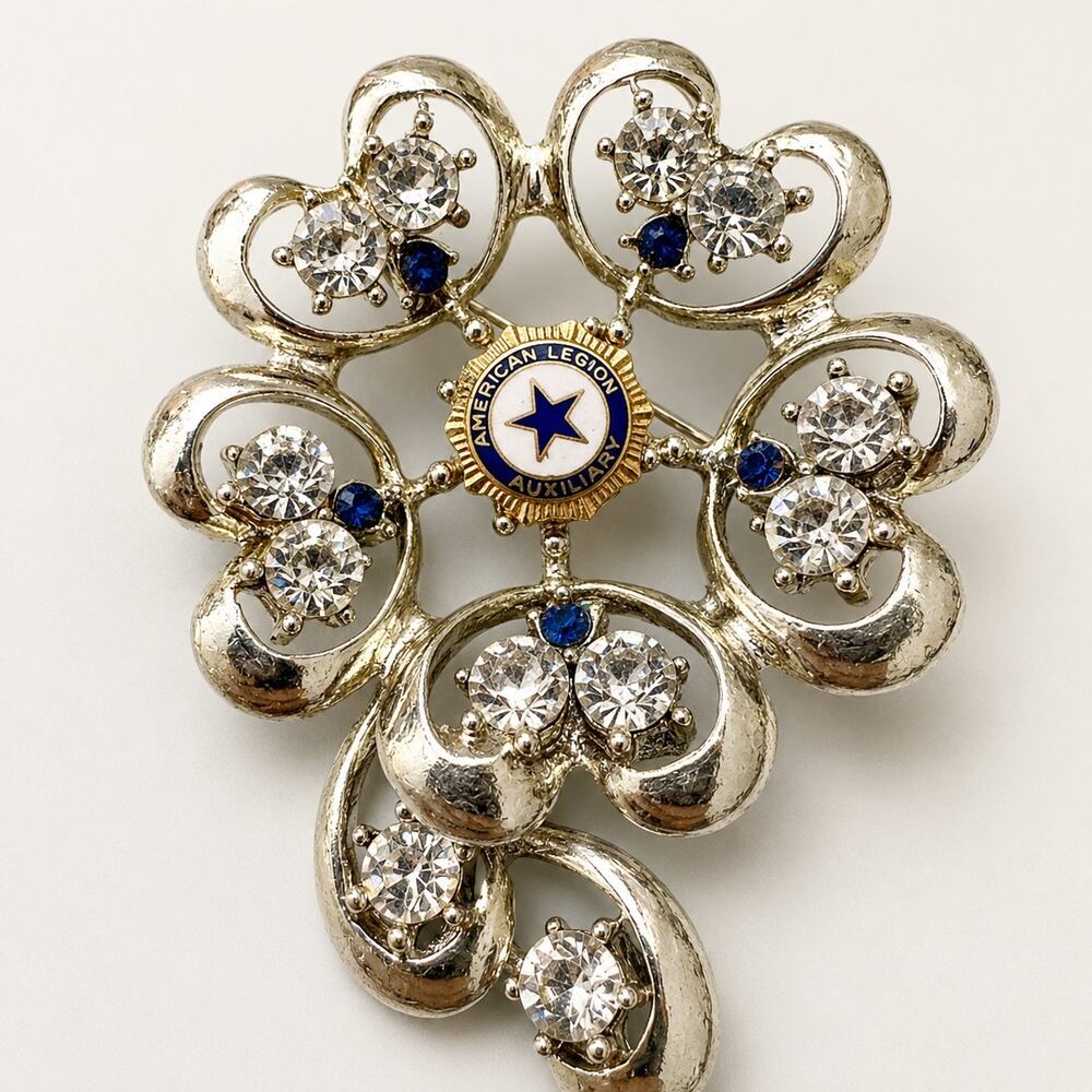 Vintage American Legion Auxiliary Rhinestone Brooch Blue Enamel Star Large Pin